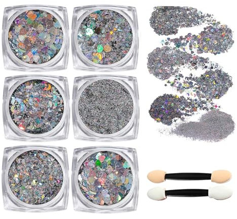 MisFun 6 Piezas Purpurina Facial con Purpurina para el Cuerpo, Gel Purpurina Cara, Cara y Cuerpo Glitter Flakes Paillette, Body Glitter Gel, Purpurina Brillante para Cosméticos, Uñas, Fiesta (Plata)
