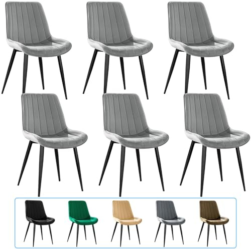 JIJIAN Samt Esszimmerstühle 6er Set, Grau | Moderner Polsterstuhl mit 53 cm Breiter Sitzfläche, Küchenstühle mit Metallbeinen, Bis 150 kg Belastbar, für Esszimmer Küche