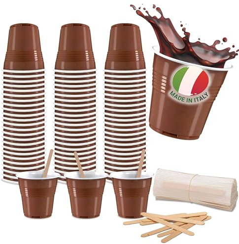 COFFISANO Kit 150 Bicchierini Caffè + 150 Palette, Set Palettine 90 mm Monouso in Legno Betulla e Bicchieri 80 ml, per Espresso Ristoranti, Ufficio, Asporto, Bar (150+150)
