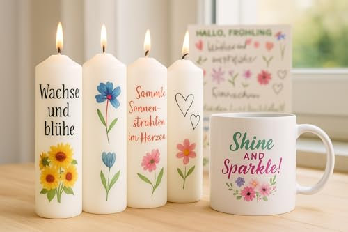 4er-Pack Wasserschiebefolie Frühling – Kerzensticker & Tassen-Dekor | Über 80+ Motive | Frühling & Sommer DIY Set | Für Kerzen, Tassen, Gläser, Keramik | J&F Originals