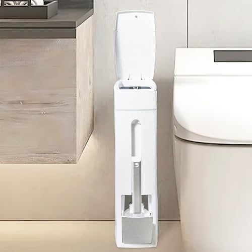 Lotvic Bathroom Bin and Toilet Brush Set, Pop Up Bin with Lid and Hidden Brush, Ultra Slim White Toilet Bins for Bathroom, Office, Kitchen, Bedroom, Living Room Narrow Spaces (4.5L)