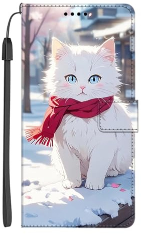 EuoDuo Coque Portefeuille pour iPhone 7 Plus/iPhone 8 Plus Étui Rabattable en Cuir PU Housse Téléphone avec Porte Carte Magnétique à Rabat Case Pochette Cover - l'hiver Blanc Chat