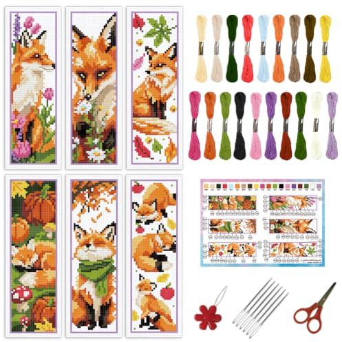 INFUNLY 6 Stück Fuchs Kreuzstich Lesezeichen Set Für Anfänger DIY Blatt Blume Gestempelte Stickerei Lesezeichen Kit Kürbisse Nadelarbeitsset Mit Anleitung Tier Kreuzstich Set Für Bücherliebhaber Leser