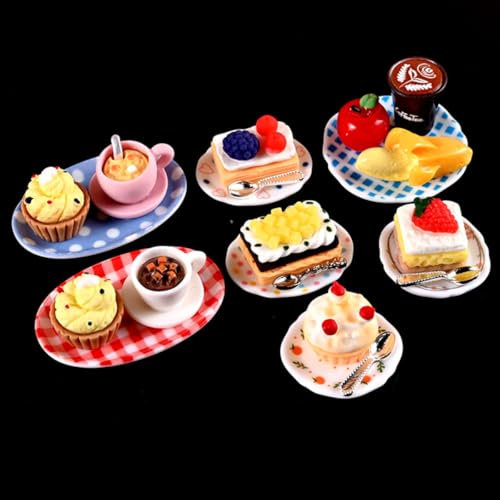 KARLOR 22 Pieces Mini Cake Coffee Fruit Set with Plate Spoon, Miniature Dessert Cupcakes Cake Apple Banana Latte Mini Food Drinks Dollhouse Scene Decoration (Dessert Set)