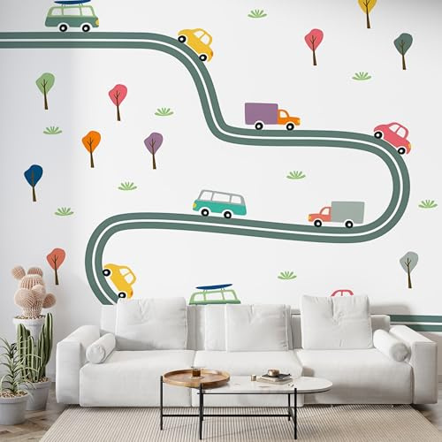 Boceoey Papier Peint Panoramique Voiture Piste 3D - Motif Minimaliste Dessin Animé - Décoration Murale pour Salon & Chambre, Intissé Autocollant Papier Mural, 300x210 cm M-353