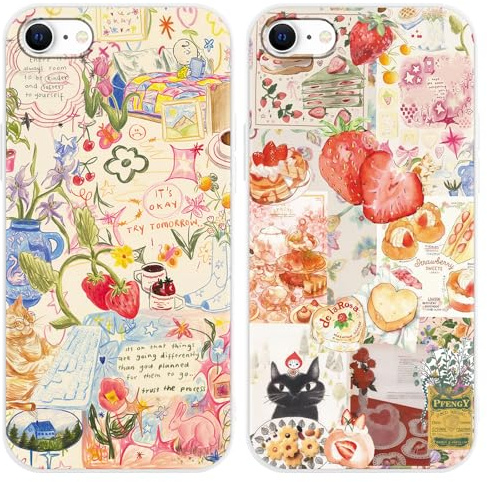 Phoona 2 Pack Strawberry Print Case for iPhone 7 4.7, European Collage Aesthetic Preppy Girly Design Pattern for Girls Women, Slim Soft Silicone Shockproof Bumper Protector Cover