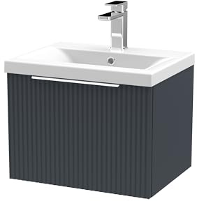 Balterley Vanity Unit with Basin Wall Hung, Single Drawer Soft Close with Mid Edge Sink and Handle, Bathroom Vanity Units with Basin, Fluted Front Sink Cabinet - 510 x 390 x 399mm (Dark Grey)