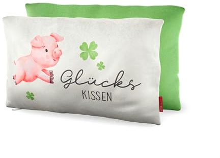 la vida GmbH Glückskissen mit Schweinchen-Motiv, Dekoratives Kissen in Weiß und Grün, Kleeblatt-Design