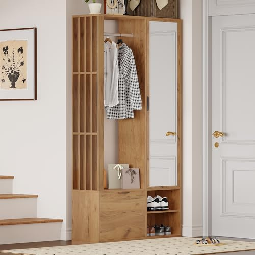 Armario de entrada 6 en 1 Soweiz, con pasillo, tendedero, espejo y almacenamiento multicapa, color madera, 100 x 33 x 190 cm