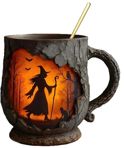 Lustige Kaffeetasse 386ml - Tasse - Hexe Mit Flammenmuster 3D Baumrinde Textur Ergonomischer Becher Geschenk Für Freunde Kollegen Lehrer Weihnachten Erwachsene