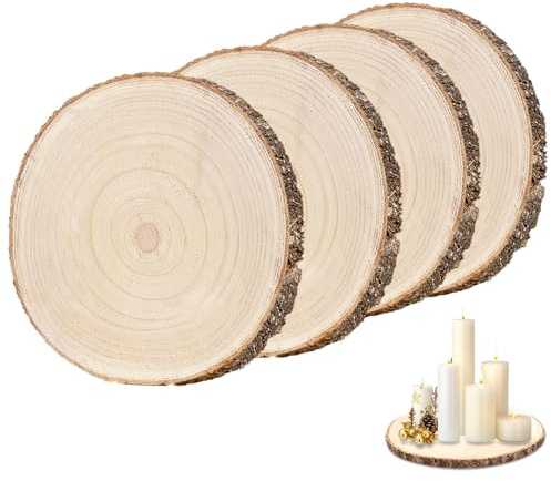 4 PCS Holzscheiben 16-18cm, Holzscheiben zum Basteln, Holzplatte Rund, Baumscheiben Deko, Baumscheibe für Tafelaufsätze DIY-Hochzeitsdekorationen Aus Holz Gemälde Untersetzer & Basteln