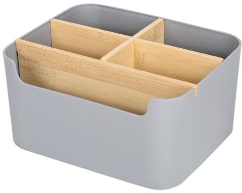 VICDUEKG Schreibtisch Organizer, 5 Fächer Bambus Büro Organizer mit Stifthalter, Aufbewahrungsbox Desk Organizer für Stifte, Kosmetika, Haftnotizen (Grau)