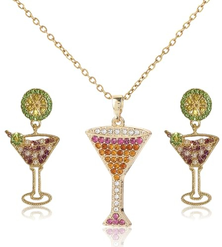 Wildberry Lillet Costume pour femme - Lot de 2 boucles d'oreilles Lillet et collier en strass - Costume de cocktail pour femme - Accessoires Lillet - Boucles d'oreilles Aperol pour fête, carnaval et