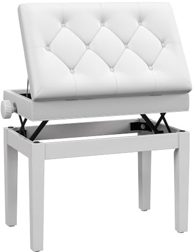 HOMCOM Klavierbank Höhenverstellbar mit Stauraum 54,5x33x48-58cm Weiß | Holzbeine, Klavierhocker aus Kunstleder, für Musikzimmer, Belastbar bis 200 kg