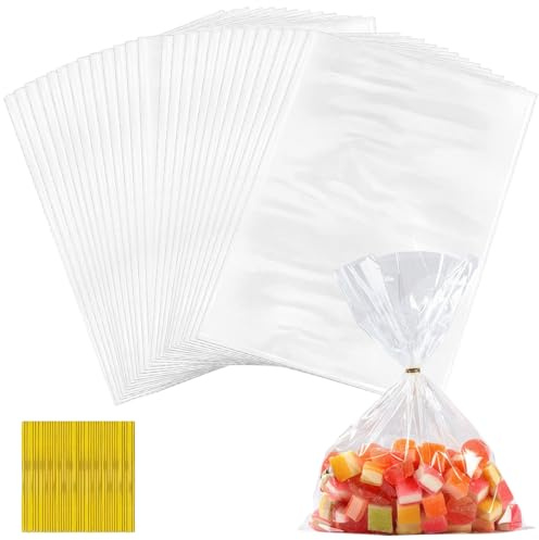 100 Pièces Sachets Transparents 20x30cm pour Biscuits,Gâteaux,Bonbons | Résistant Sachet Bonbon Transparent Bonbon avec 100 Liens Torsadés,Difficile à Déchirer et Réutilisable