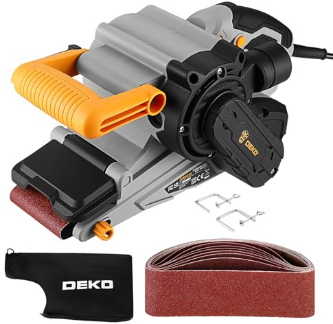 DEKOPRO 1010W Bandschleifer mit verstellbarer Geschwindigkeit 120-400m/min, Schleifmaschine für Holz mit verstellbarem Vordergriff Abdeckung, inkl. 10 Schleifbändern, Staubbeutel & 2 Metall-C-Klemmen