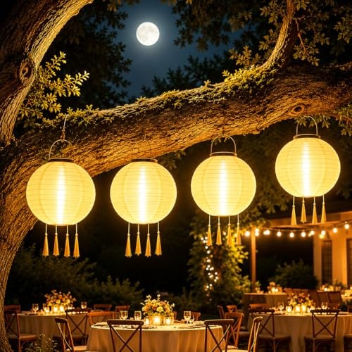 4 Stück 25CM Lampions Solar Garten Laterne,Solar Lampions,Wasserdicht Nylon Hängende Gartenlaterne Beleuchtung,Hängende Nylon Laterne für Garten, Hof, Terrasse, Hochzeit, Fest Deko (Warmweiß)