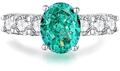 Zeigefinger Ring, Ringe für Damen mit 8X10mm 4 Krappen Ovaler form Paraíba und Moissanit Silber 9K Weißgold Größe 47 (15.0)