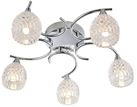 Reagan Decorative Silver Chrome Curved Arm Semi Flush Ceiling Light with 5 Patterned Cut Glass Shades