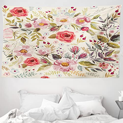 ABAKUHAUS Bunt Wandteppich und Tagesdecke, Abstrakte Blumen Rosen aus Weiches Mikrofaser Stoff Waschbar ohne Verblassen Digitaldruck, 230 x 140 cm, Grün Rosa