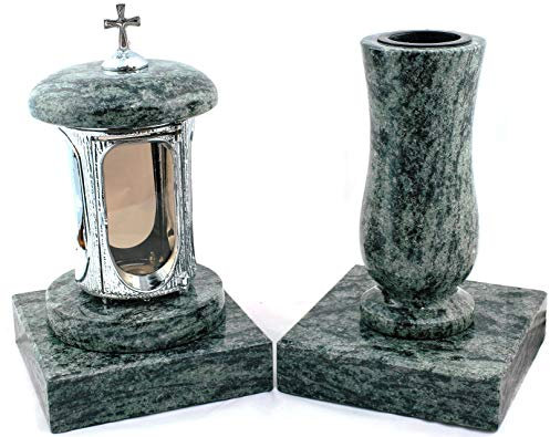 designgrab Grablampe aus verchromtem Aluminium mit Kreuz und Grabvase und 2 Stück Sockel eckig in Granit Olive Green grün
