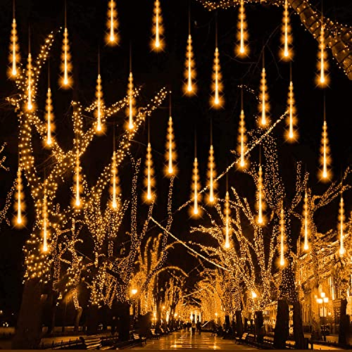 288LED Meteorschauer Regentropfe Lichter,KINGCOO Wasserdicht 30cm 8 Tubes Schneefall Eiszapfen Lichtschläuche Solar Lichterkette für Garten Hochzeit Neujahr Party Weihnachtsbaum (Warmweiß)