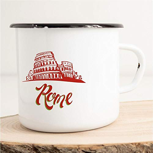 HUURAA! Emaille Tasse Rome Rom Kolosseum Silhouette Kaffeetasse Geschenk Idee für Frauen und Männer 300ml Retro Vintage Kaffee-Becher Weiß mit Stadt Namen für Freunde und Kollegen