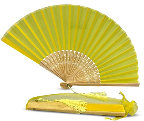 FANSOF.FANS Silk Fabric Fan with a Tassel Grade A Bamboo Ribs Wedding Party Favour Handheld Fan (Lemon Yellow)