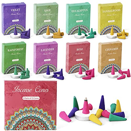SCENTORINI Räucherkegel 120st, Gemischte Düfte Räucherkerze mit Räucherstäbchenhalter, Rose, Salbei, Lavendel, Veilchen, Zimt, Eukalyptus, Eukalyptus, Regenwald, für Aromatherapie Luftreinigung