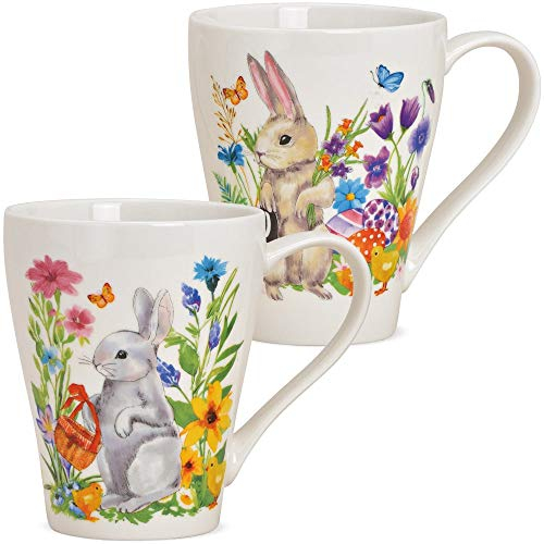 Tassen 2er Set Osterdeko Osterhase mit Blumen - Bunte Porzellan Kaffeetassen in 350ml für Tee Kaffee Cappuccino - Moderne Kaffeebecher spülmaschinenfest und mikrowellengeeignet als Geschenk