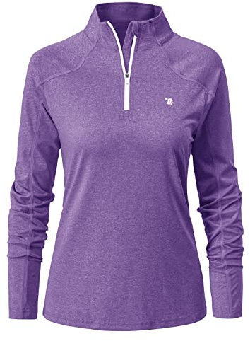 YSENTO Women's Long Sleeve Running Sports Tops Lightweight Gym Walking Zip Up Golf Polo T-Shirt(Purple,M)