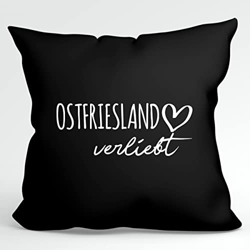 Huuraa Kopfkissen Ostfriesland verliebt Geschenk 40x40cm mit Füllung Black Baumwolle Ostfriesland Deko