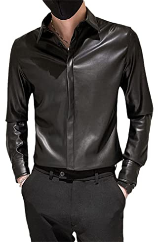 YIOLEAMP Herbst Winter Korean Slim Fit Lederhemd, Herren Trend Schwarze Lederhemden