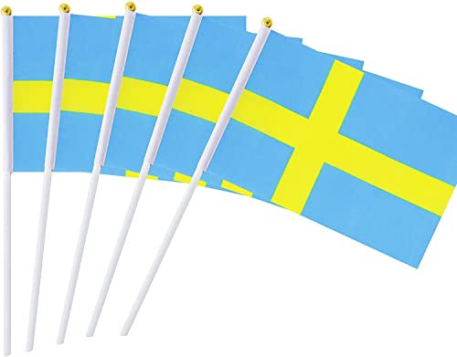 Bandera de Suecia, 25 banderas suecas a mano con mástil, para desfiles, eventos Patrióticos, 14 x 21 cm