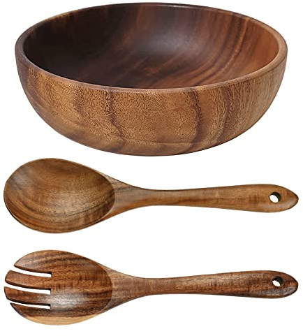 UPTALY Übergroße Salatschüssel aus Holz (24 x 7,5 cm), kein Spleißen, aus dem gesamten Stück Holz gemeißelt, mit Salatlöffel und Gabel Set (26 x 6,8 cm), Akazienholzschale, große Servierschalen