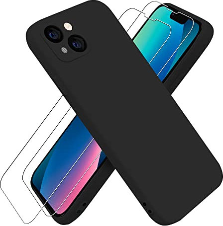 For iPhone 13 Case with Screen Protector (2 Pack Tempered Glass),iPhone13 Liquid Silicone Phone-Case,Slim Shockproof Cover [Anti-Scratch][Drop Protection][Protection for Each Lens ],6.1 inch,Black