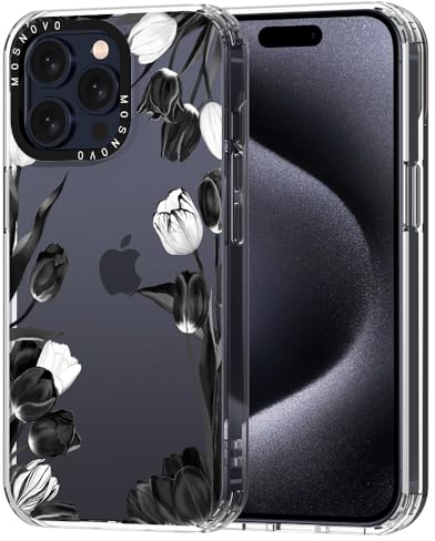 MOSNOVO Case for iPhone 15 Pro Max, [Buffertech 6.6ft Military-Grade Drop Protection] [Anti Peel Off Tech] Clear TPU Bumper Phone Case Cover Design - Black White Tulips