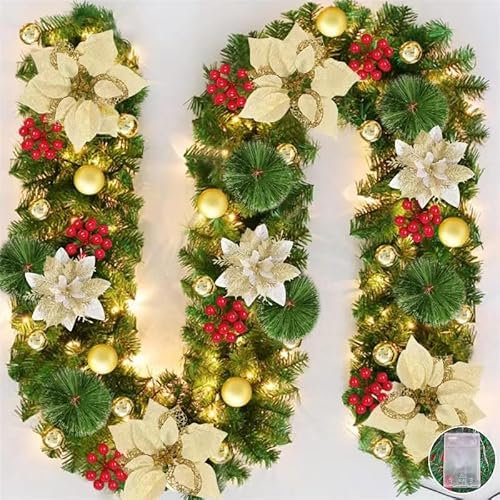 Ghirlanda Natalizia Illuminate,ghirlanda natalizia con luci a LED,270cm,Ghirlanda di Abete per Porta di casa,Decorazione Natalizia,Camino,Giardino,Festa di Nozze,per Interni ed Esterni (oro)(Golden)