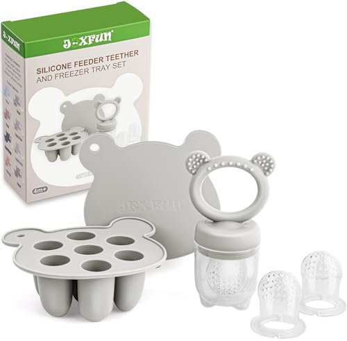 JEXFUN Baby Fruit Food Feeder & Mini Freezer Nibbling Tray Combination, Breast Milk Popsicle Moulds, BPA-Free Silicone for Safe Self-Feeding of Infants, 4 Months +