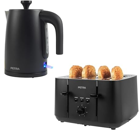 Petra Wasserkocher & Toaster-Set – mit 7 Bräunungsstufen, Entfrosten, Krümelschublade, 1850 W und Schnellkochfunktion, Anti-Kalk-Filter, Trockenkochschutz, Drehfuß, 1.7L, 3000W, Schwarz