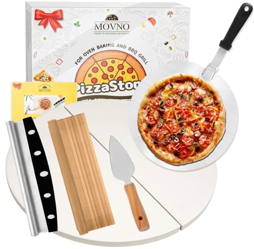 Pizza Stones Set - 15 Inch Large Round Pizza Stone for Oven and Grill Durable and Safe Baking Stone Thermal Shock Resistant Cooking Stone with Stainless Steel Pizza Peel Paddle & Pizza Cutter