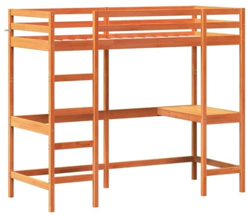 vidaXL Hochbett mit Schreibtisch, Bett für Kinder ab 6 Jahren, Stockbett mit Sperrholzlatten, Etagenbett Kinderbett, Wachsbraun 75x190cm Massivholz Kiefer