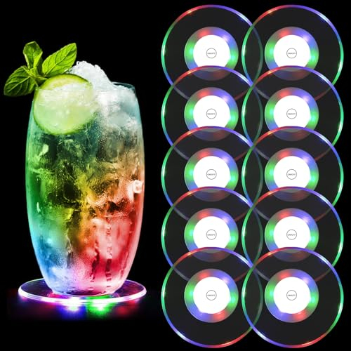 MOERAE 10er-Se Bunt LED Untersetzer, Untersetzer Acryl Rund wasserdichte Leuchtuntersetzer, ON/Off LED Leuchtende Untersetzer mit 3 Lichtmodi für Gläser, Flaschen, Partys, Kneipen, Weihnachtsbars