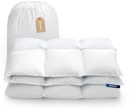 DREEMA Bettdecke 135x200 Daunendecke Ganzjahr | Extraweiche Daunenfüllung | in Deutschland gefertigt | 100% nachhaltig mit Oeko-TEX & Nomite | Allergiker geeignet | Soft-Touch Baumwollbezug