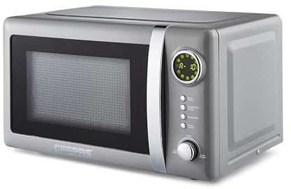 GEEPAS 700W Digital Freestanding Microwave Oven, 20L | Electric Oven with Auto Defrost Child Lock | 12 Preset Rotary Dial Easy Clean | Fits Standard Dinner Plate Compact Countertop | Retrovive Grey
