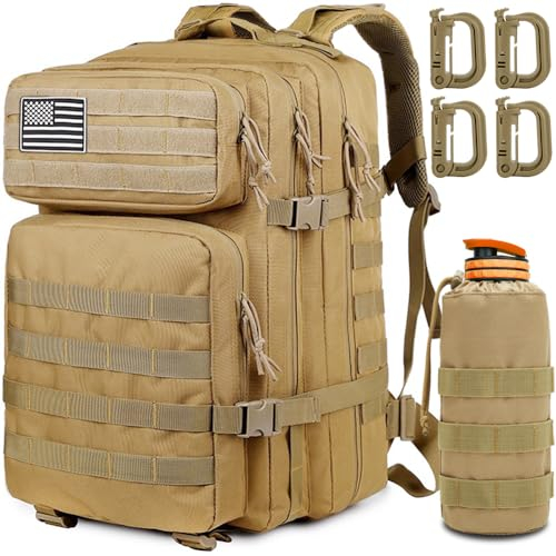 MUCHER 45L Militär Taktische Rucksack Herren mit Flaschenhalter und 4 Haken Große Wanderrucksack Molle Armee Assault Rucksack für Wandern Jagd, Trekking und Camping und Outdoor Aktivitäten (Khaki)