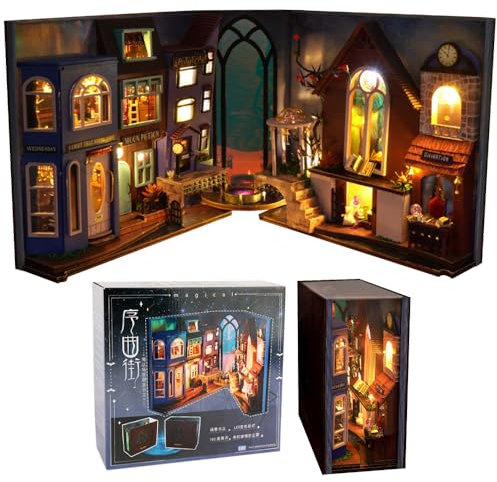 Hojalis DIY Book Nook Kit, 3D Holzpuzzle Buchstütze, Puppenhäuser Miniatur Haus Kit mit LED Leuchten und Möbeln, Buch Ecke Miniatur Kit, Bücherregal Deko, Book Nook, Geschenk für Teen Erwachsene