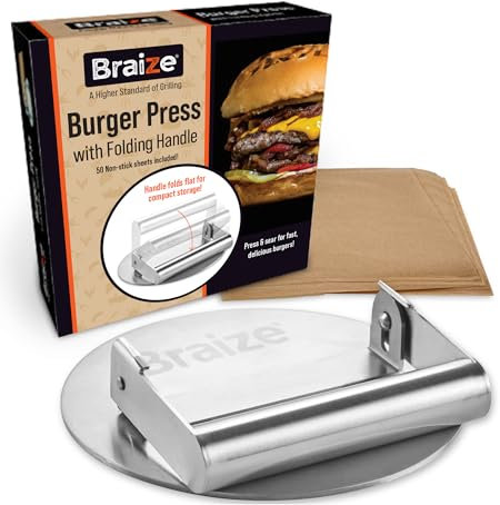 Smash Burger Press Kit with 50 Non-Stick Paper Sheets – 6.5 Heavy-Duty Stainless Steel Grill Tool for Perfectly Pressed, Juicy Burgers – Easy Cleanup & Compact Design for Effortless Storage