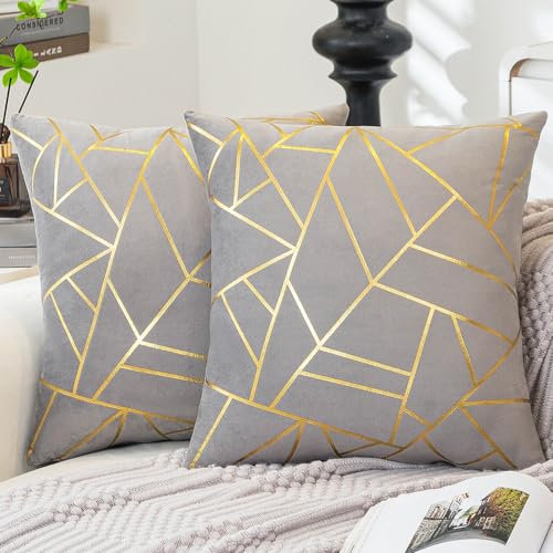 ViaElayu Kissenbezug 50 x 50 Grau Sofakissen mit goldenem geometrischem Deko Kissen Samt kissenbezüge Moderne Kissen Quadratische Kissen bezüge Dekoration 2er Set Schlafzimmer