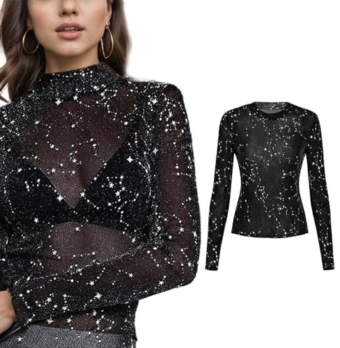Langarmshirt Schlankes Hemd Mesh-Bluse Rundhals-T-Shirt Oberteile für Frauen mit Funkeln Pailletten Durchsichtiger Tüll Party Karneval (DE/NL/SE/PL, Alphanumerisch, M, Regular, Regular, Schwarz)